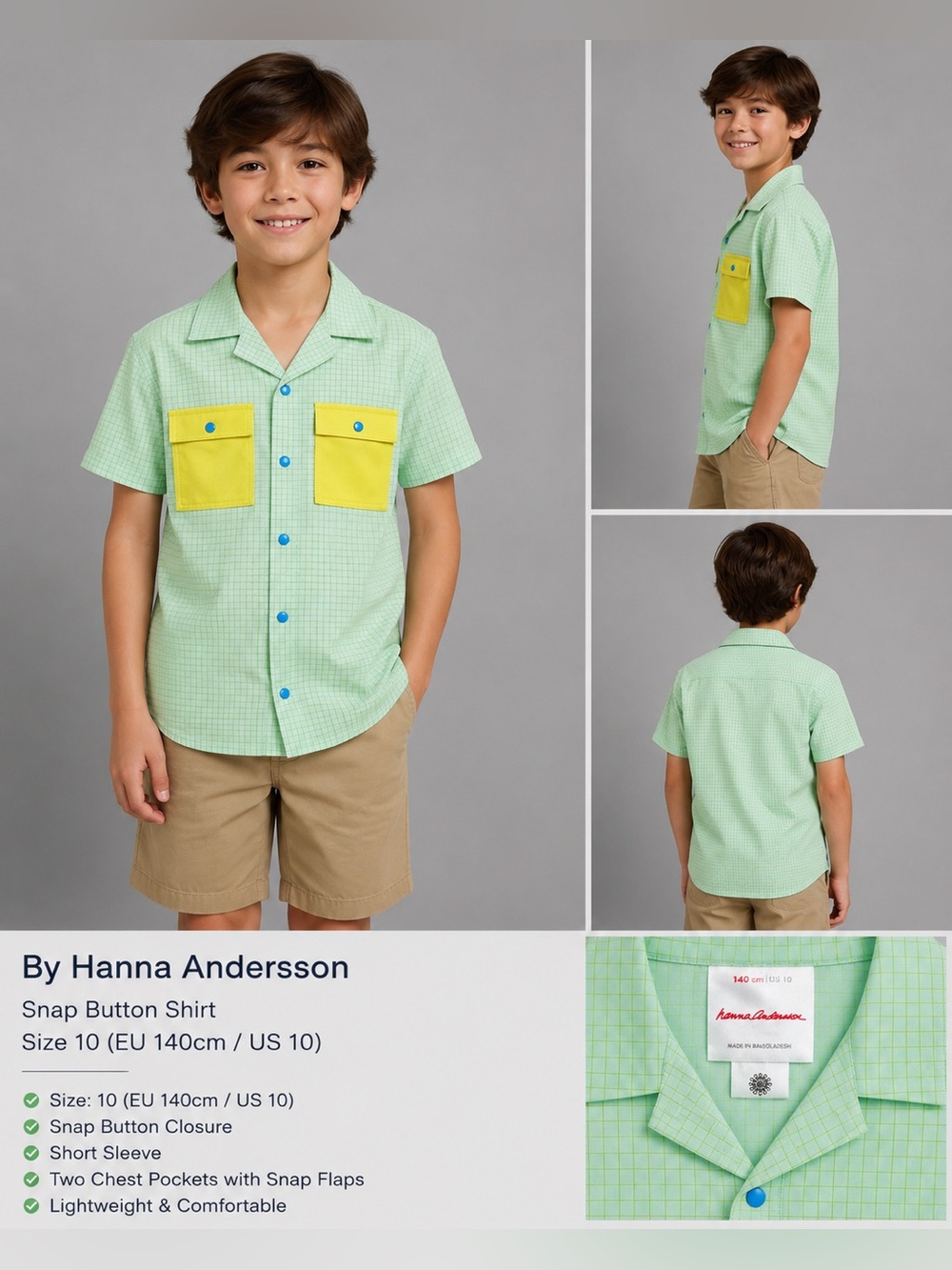 Hanna Andersson Boys Snap Button Shirt Sz 10 (EU 140cm) Mint Grid Print Utility